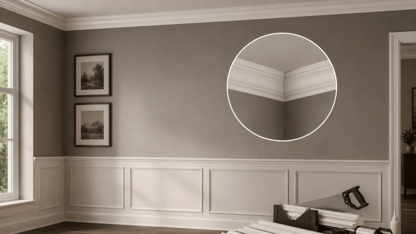 dining room with crown molding and wainscoting with a zoomed inset of the corner joint and diy tools