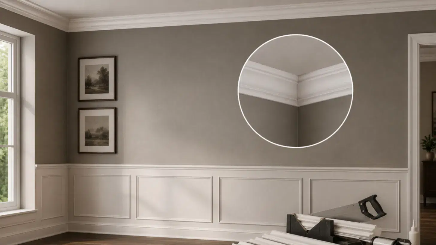 dining room with crown molding and wainscoting with a zoomed inset of the corner joint and diy tools