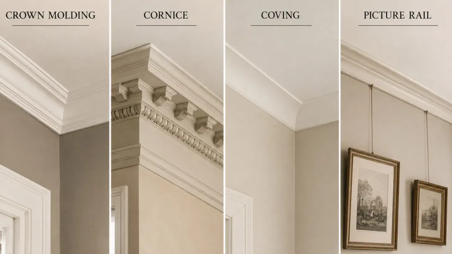 side by side comparison showing crown molding cornice coving and picture rail styles in a room