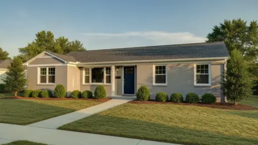 Single-story house with light-colored bricks and dark blue door in suburban neighborhood with manicured lawn