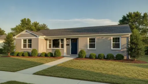Single-story house with light-colored bricks and dark blue door in suburban neighborhood with manicured lawn