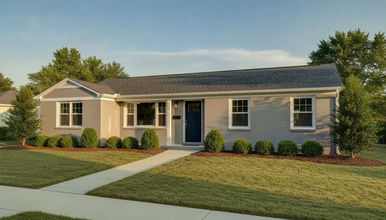 Single-story house with light-colored bricks and dark blue door in suburban neighborhood with manicured lawn