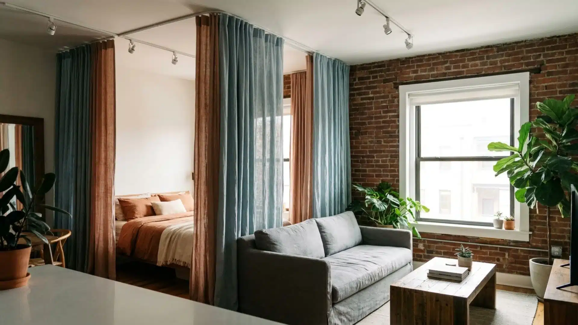 a curtain divider separates the sleeping area from the living room beside exposed brick walls and indoor plants