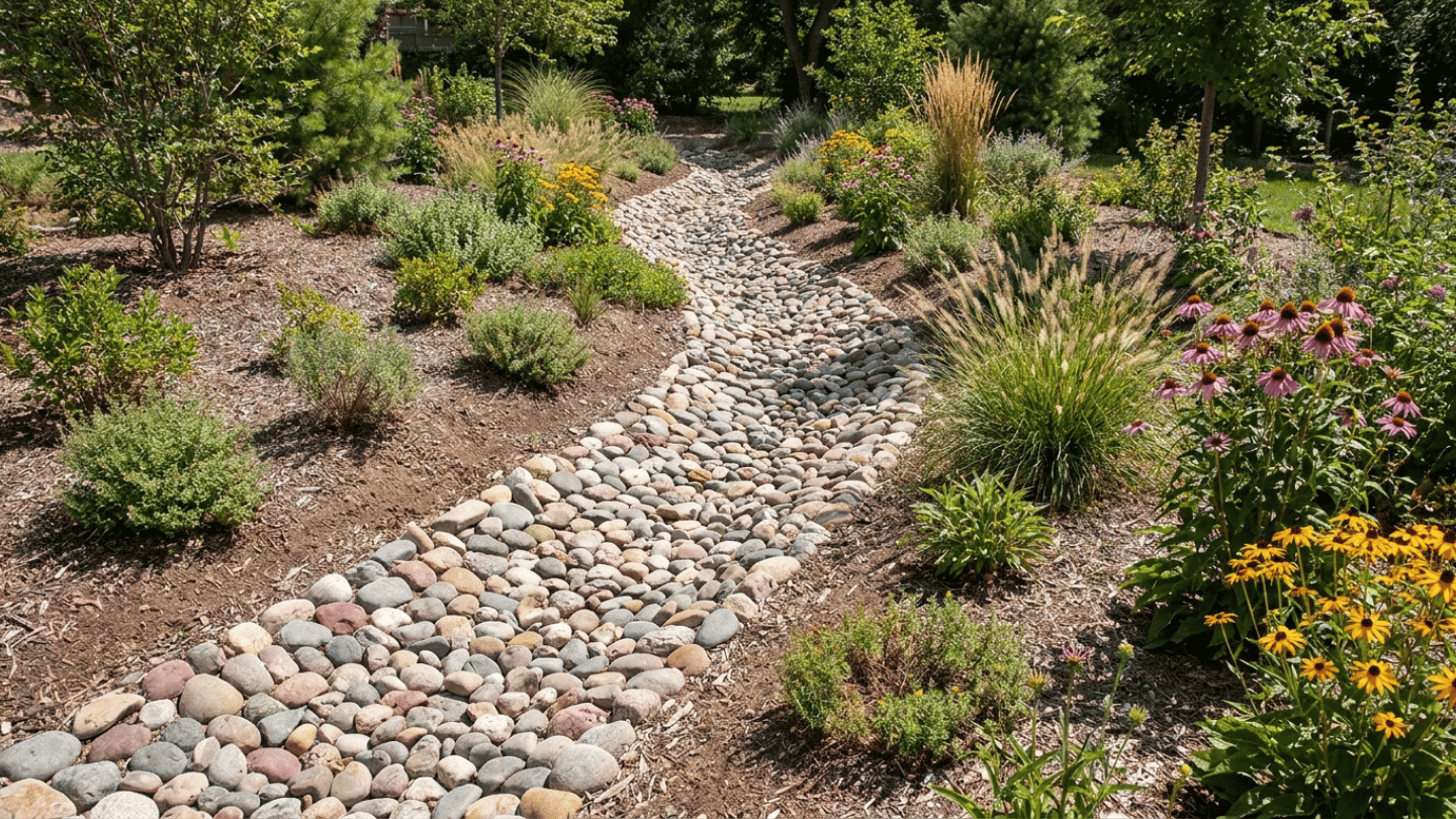 curved dry creek bed with smooth river rocks surrounded by flowering plants grasses and trees in sunny garden