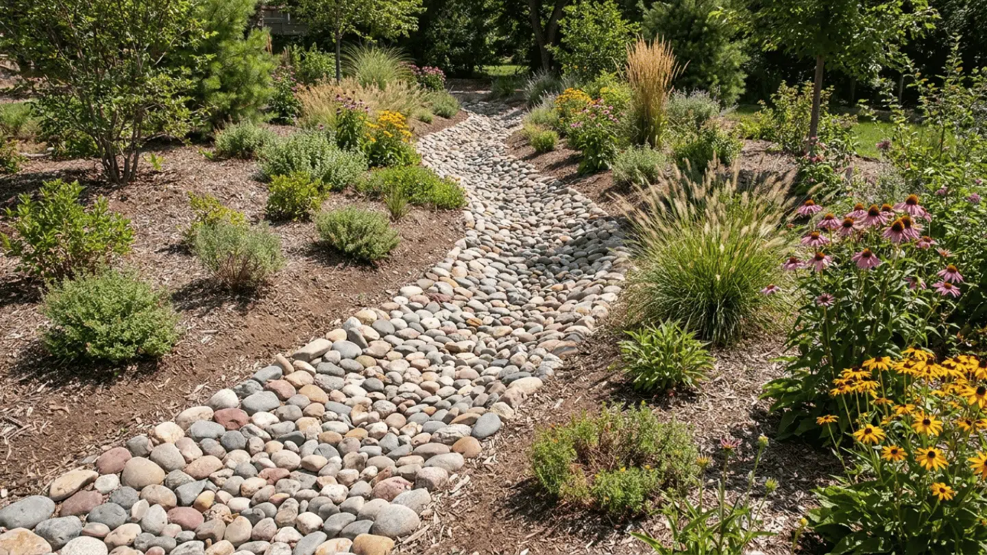 curved dry creek bed with smooth river rocks surrounded by flowering plants grasses and trees in sunny garden