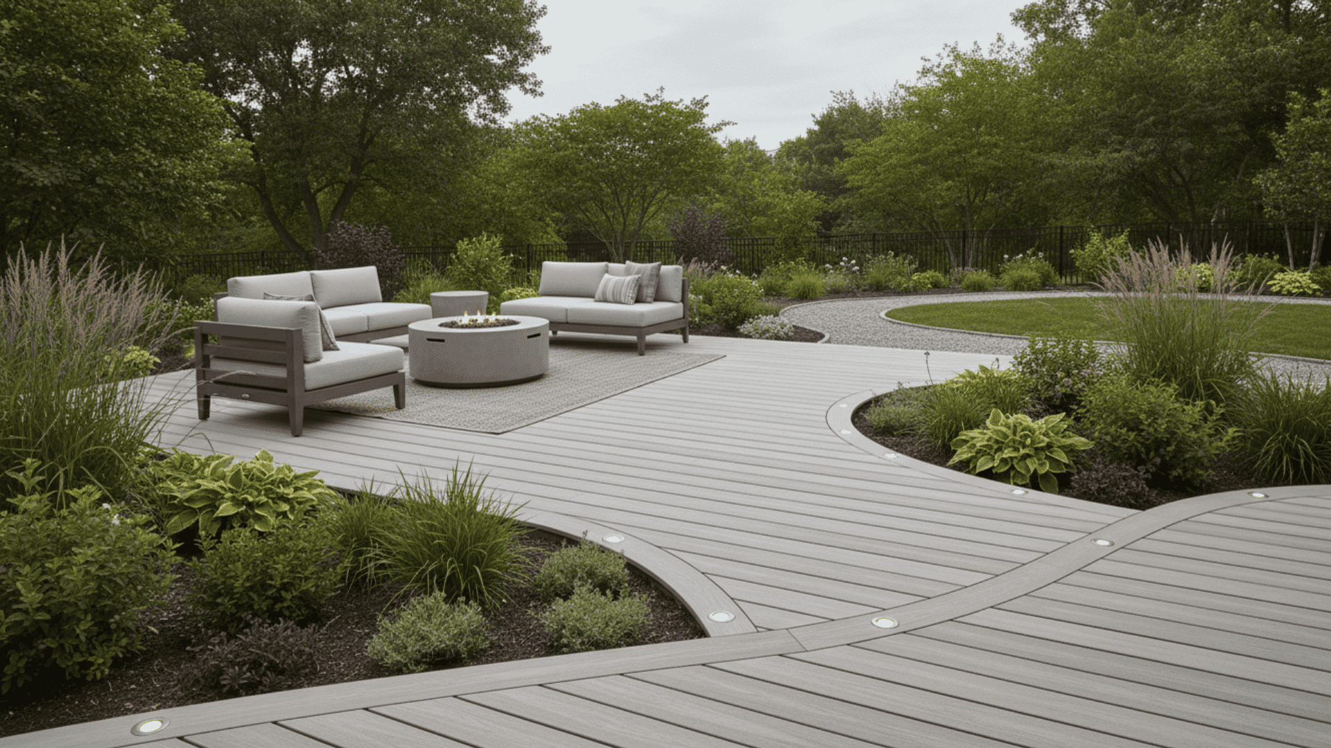 curved edge composite deck with landscaped borders and modern backyard seating area