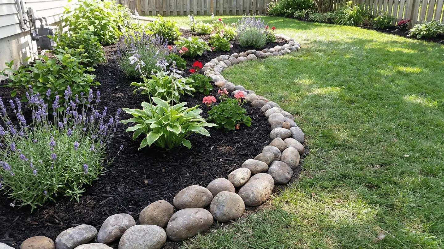 curved flower bed with river rock border colorful plants and dark mulch beside green backyard lawn