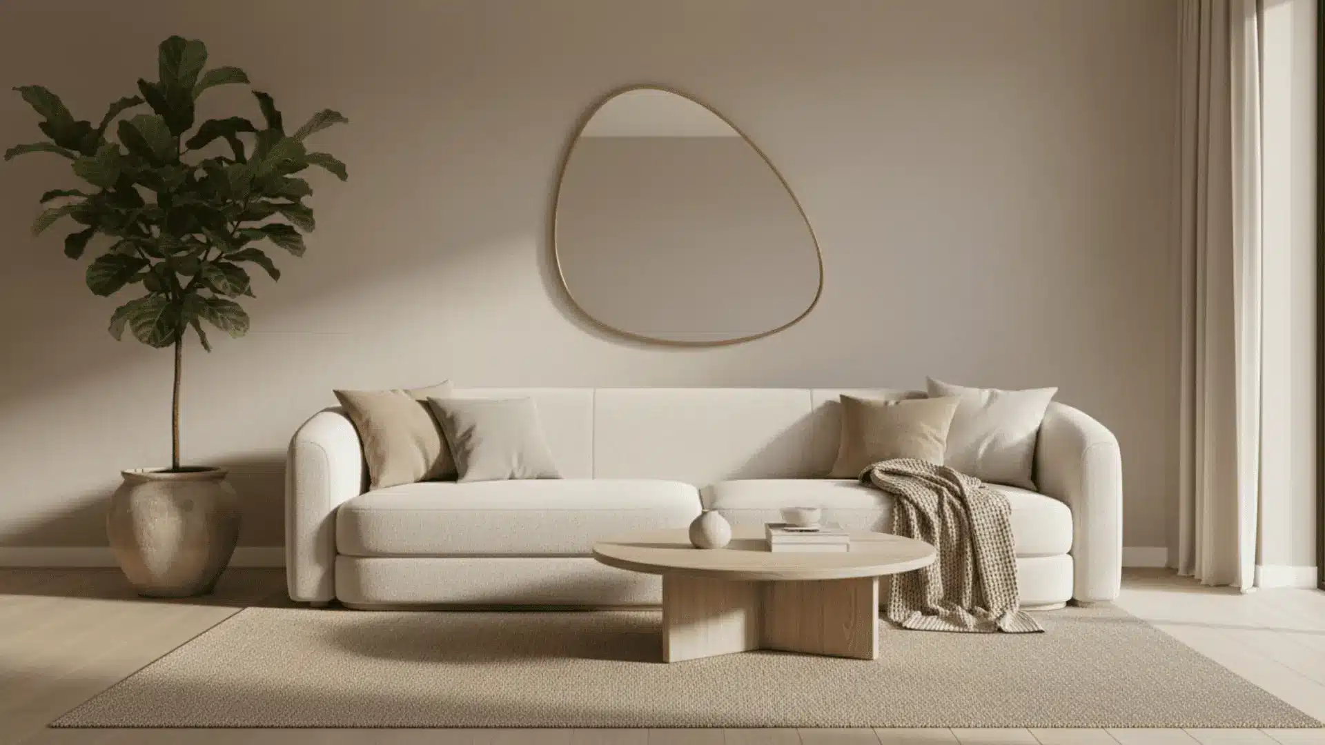 minimal living room with cream sofa round wood table soft pillows tall potted plant curved mirror and sheer curtains
