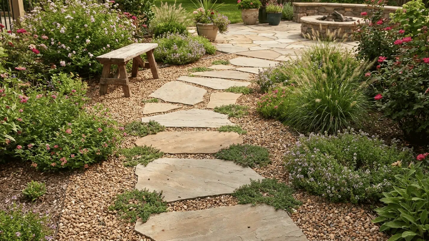 curved stone garden pathway surrounded by colorful flowers shrubs and ornamental grasses leading to patio fire pit
