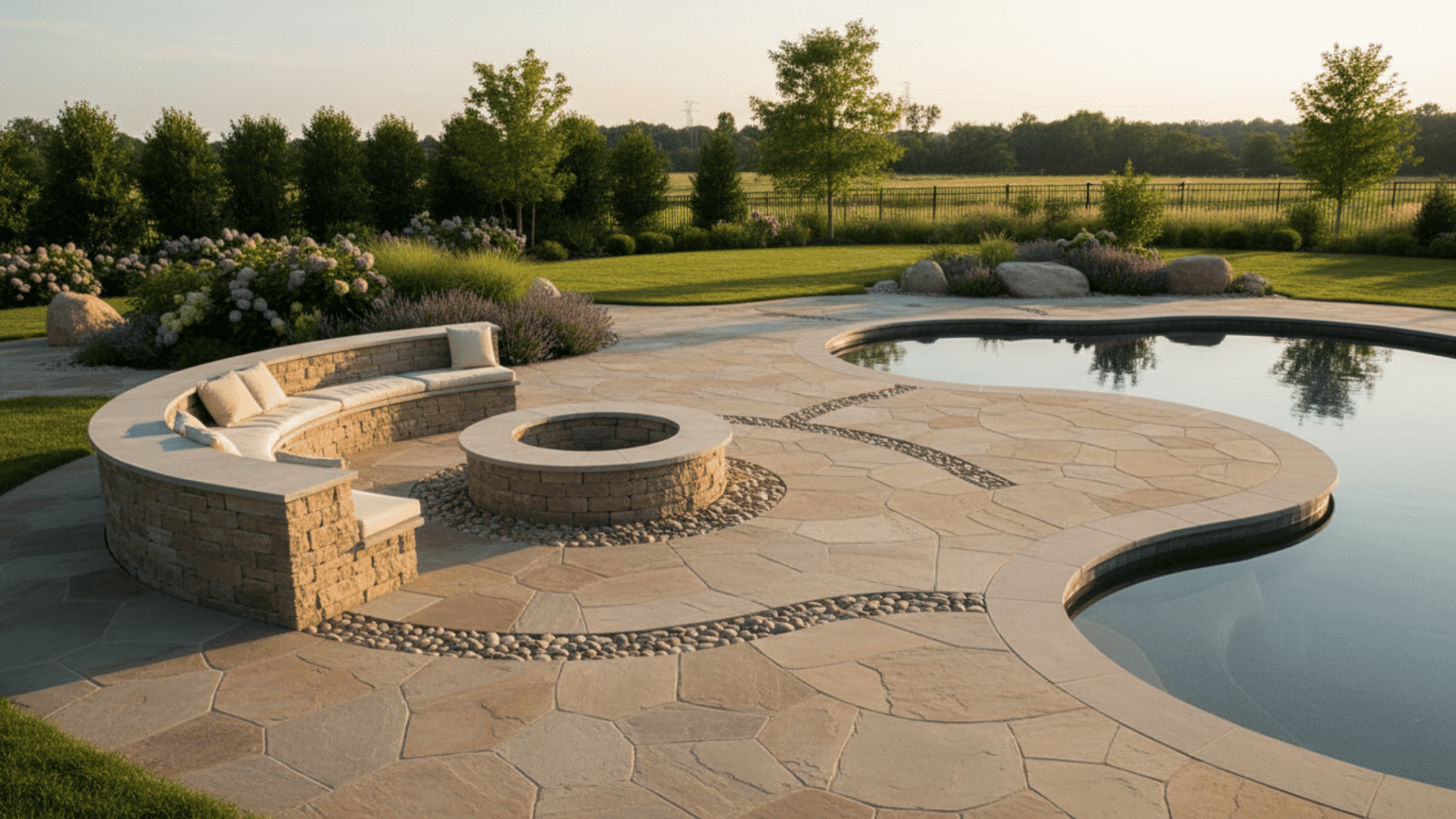 curved stone patio with built-in seating, central fire pit, and a pool, surrounded by landscaped greenery