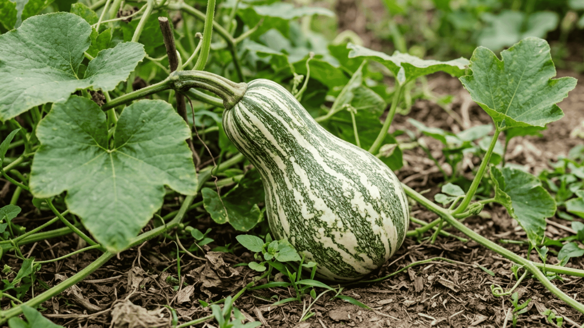 cushaw pumpkin growing on dark garden soil surrounded by green vines curling tendrils and broad leaves