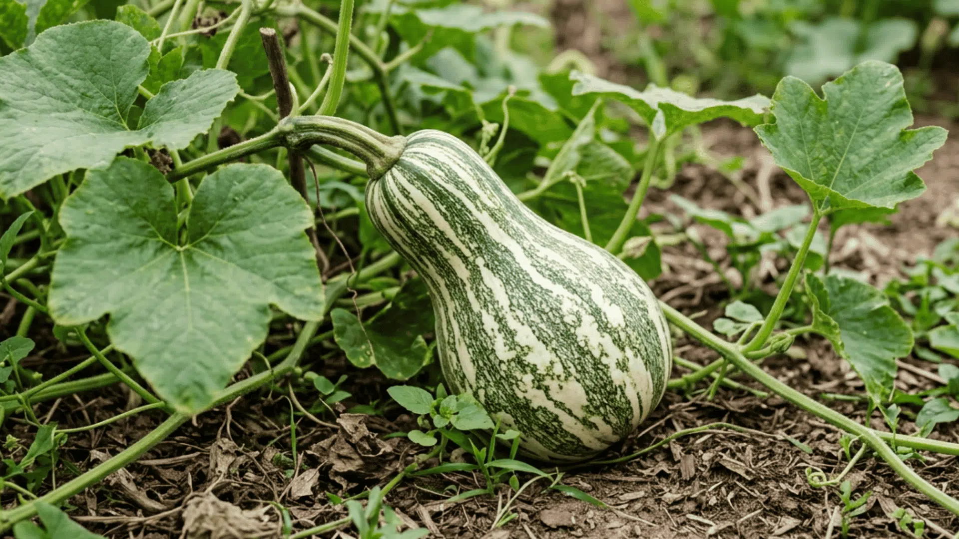 cushaw pumpkin growing on dark garden soil surrounded by green vines curling tendrils and broad leaves