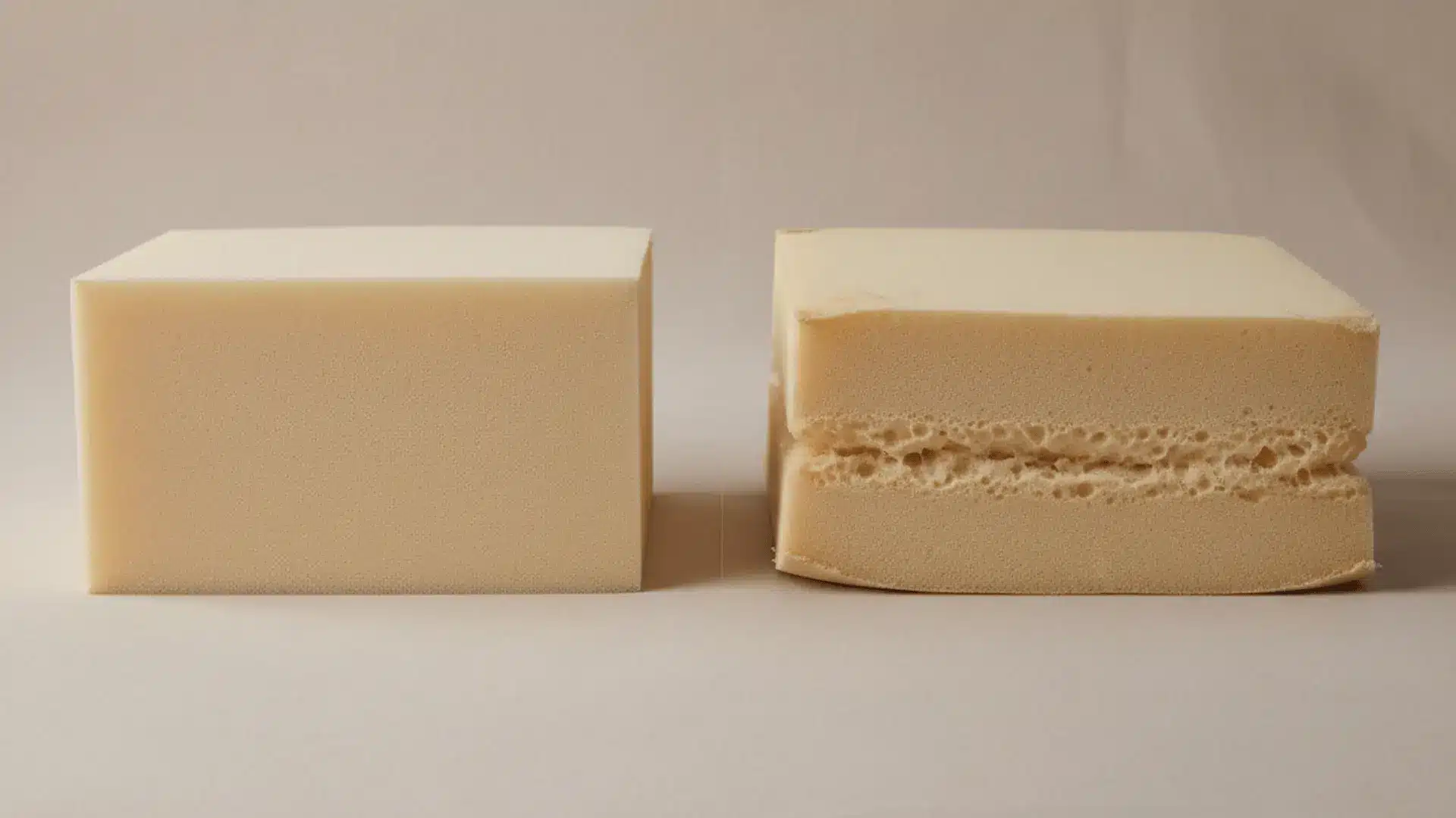 two beige foam blocks on a plain surface showing one solid square and one compressed cushion with an open center layer
