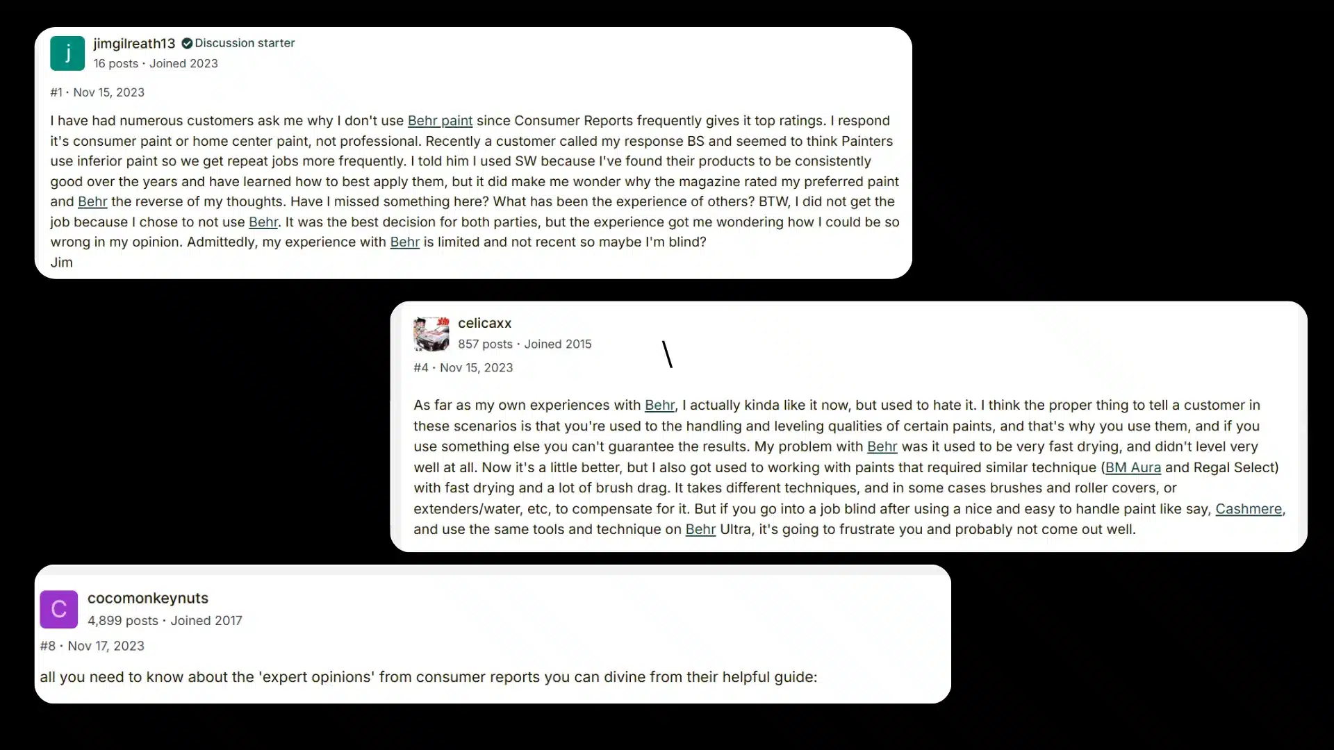 customer reviews comparing popular paint brands on a discussion panel