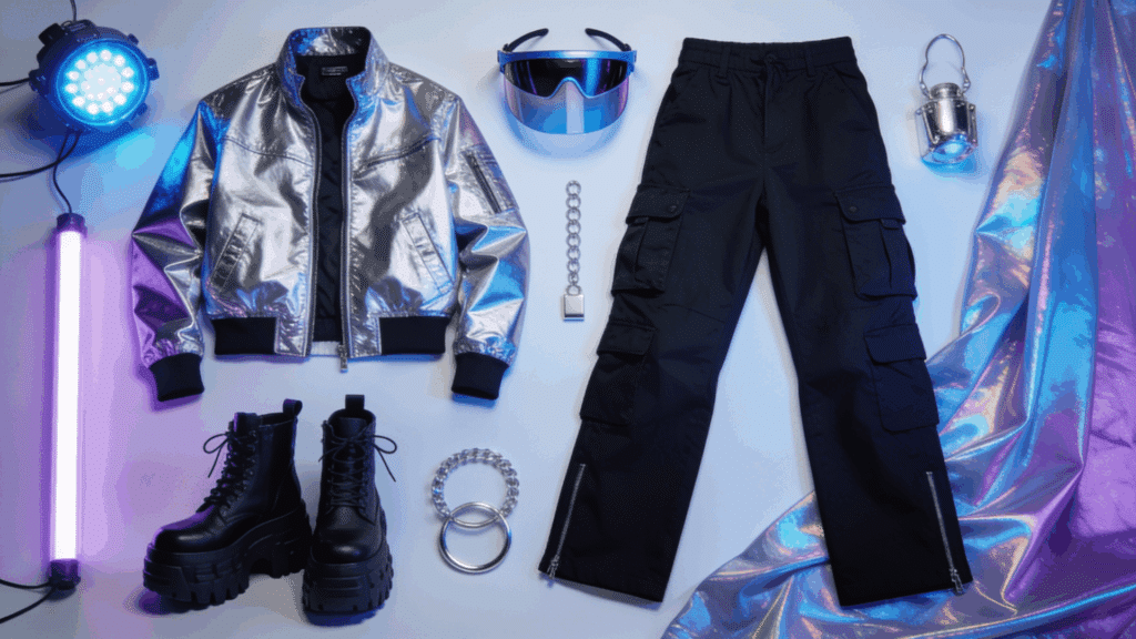 cyberpunk aesthetic featuring metallic clothing cargo pants chrome accessories and futuristic fashion