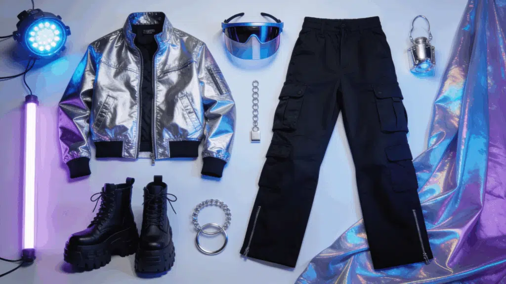 cyberpunk aesthetic featuring metallic clothing cargo pants chrome accessories and futuristic fashion