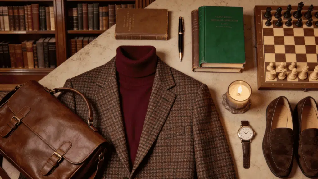 dark academia aesthetic with tweed blazer leather satchel vintage books and classic academic fashion