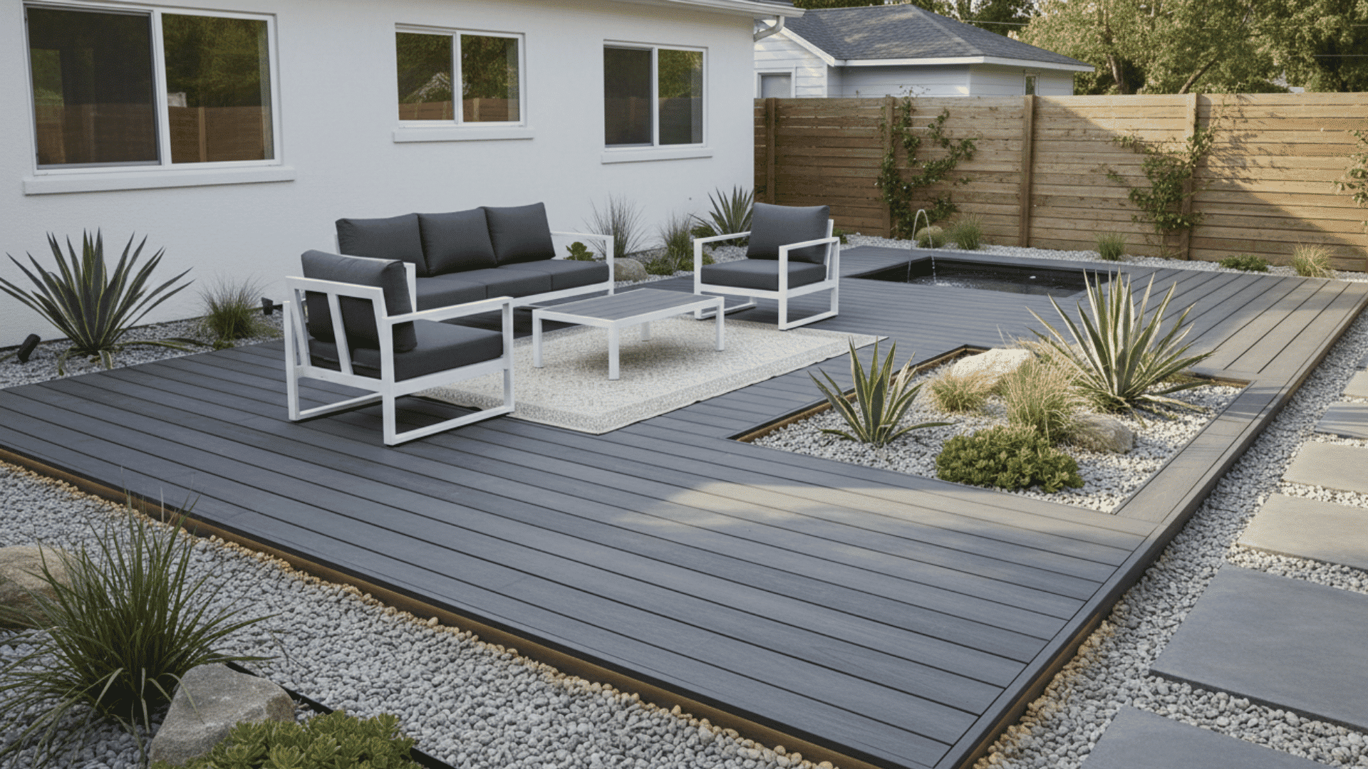 dark composite deck with light gravel borders and modern backyard seating area