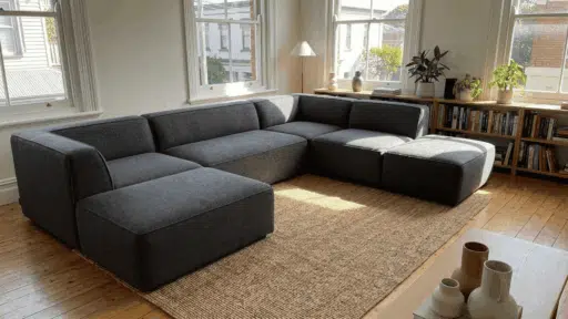 dark gray modular sectional sofa on a woven rug in a bright living room with large windows bookshelves and indoor plants