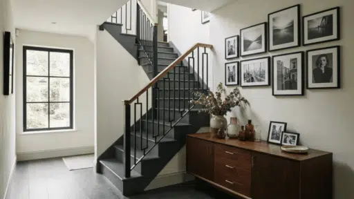 dark gray painted staircase with black metal railing gallery wall and wood sideboard in a modern entryway