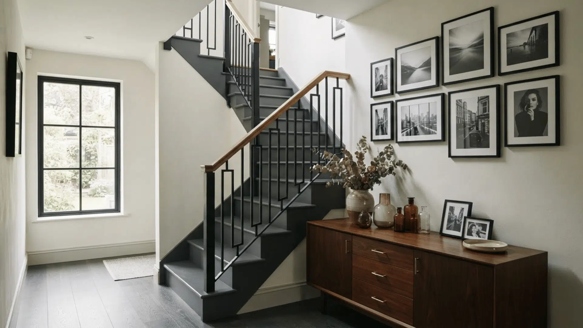 dark gray painted staircase with black metal railing gallery wall and wood sideboard in a modern entryway