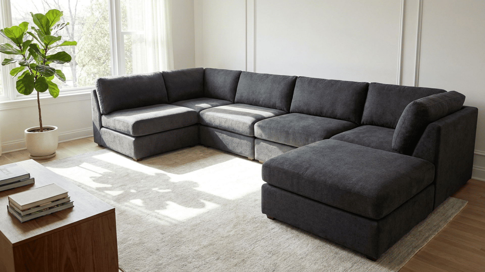 dark gray sectional sofa arranged around a light area rug in a sunlit living room with a potted plant by the window