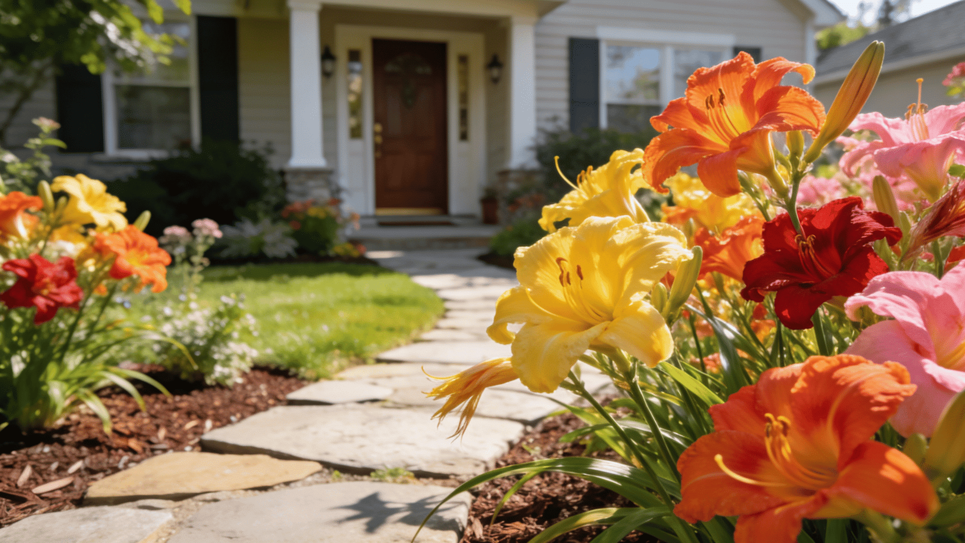 Daylilies bright blooming daylilies lining sunny garden pathway beside colorful front yard beds