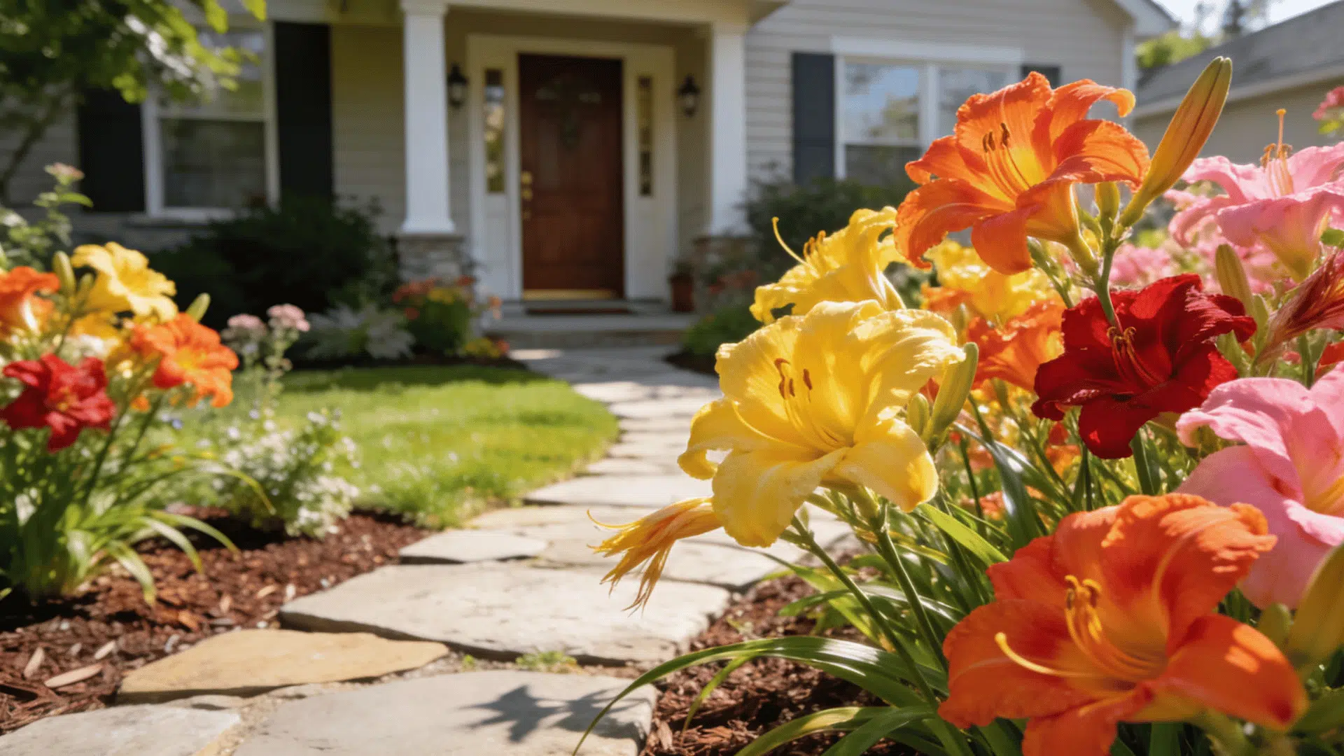 Daylilies bright blooming daylilies lining sunny garden pathway beside colorful front yard beds