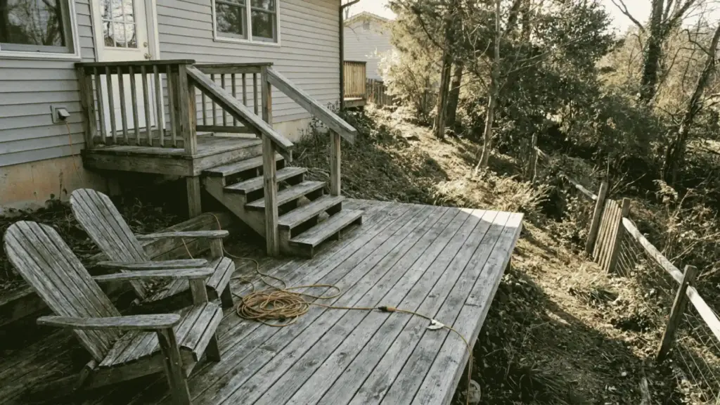 wooden deck built mid slope in a backyard connecting directly to the back door