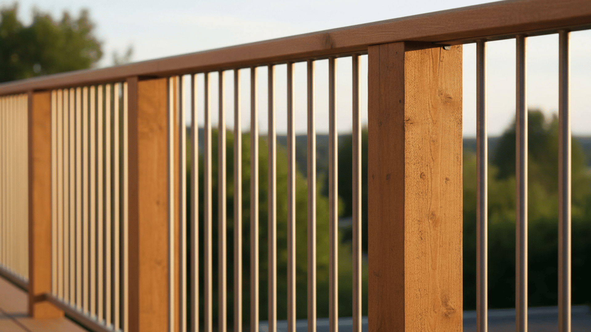 Deck railing with chunky wood posts and slim steel balusters, modern transitional style warm outdoor lighting, clean design..