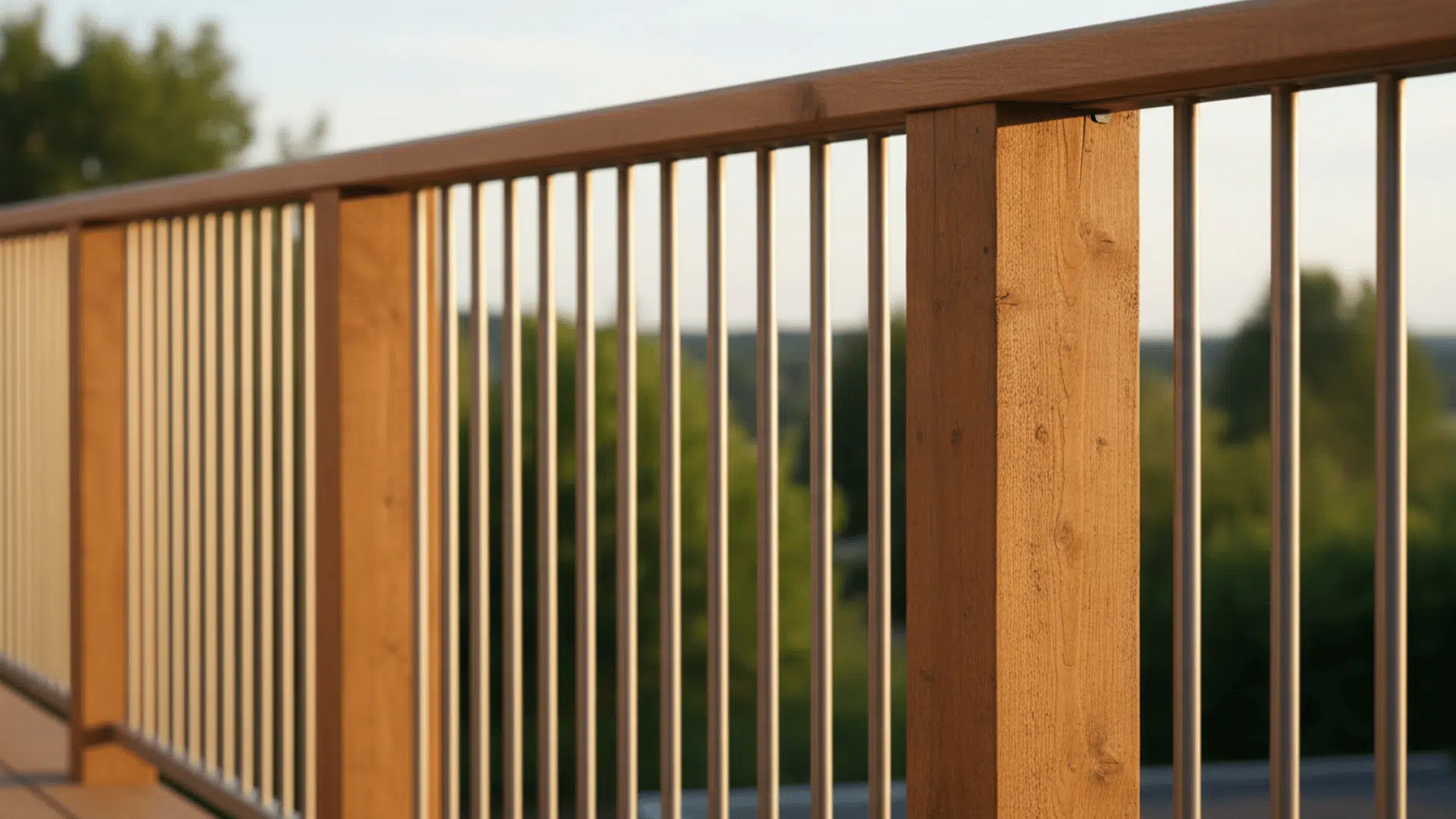 Deck railing with chunky wood posts and slim steel balusters, modern transitional style warm outdoor lighting, clean design..