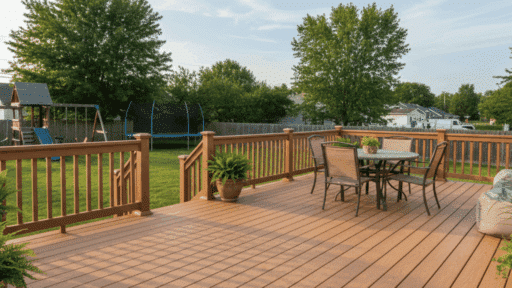 Deck with composite railings that mimic real wood, warm teak tone, durable low-maintenance. (1)