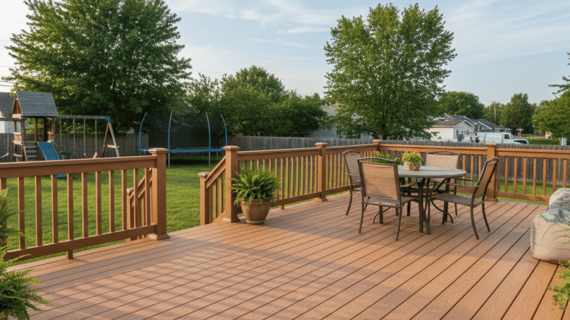 Deck with composite railings that mimic real wood, warm teak tone, durable low-maintenance. (1)