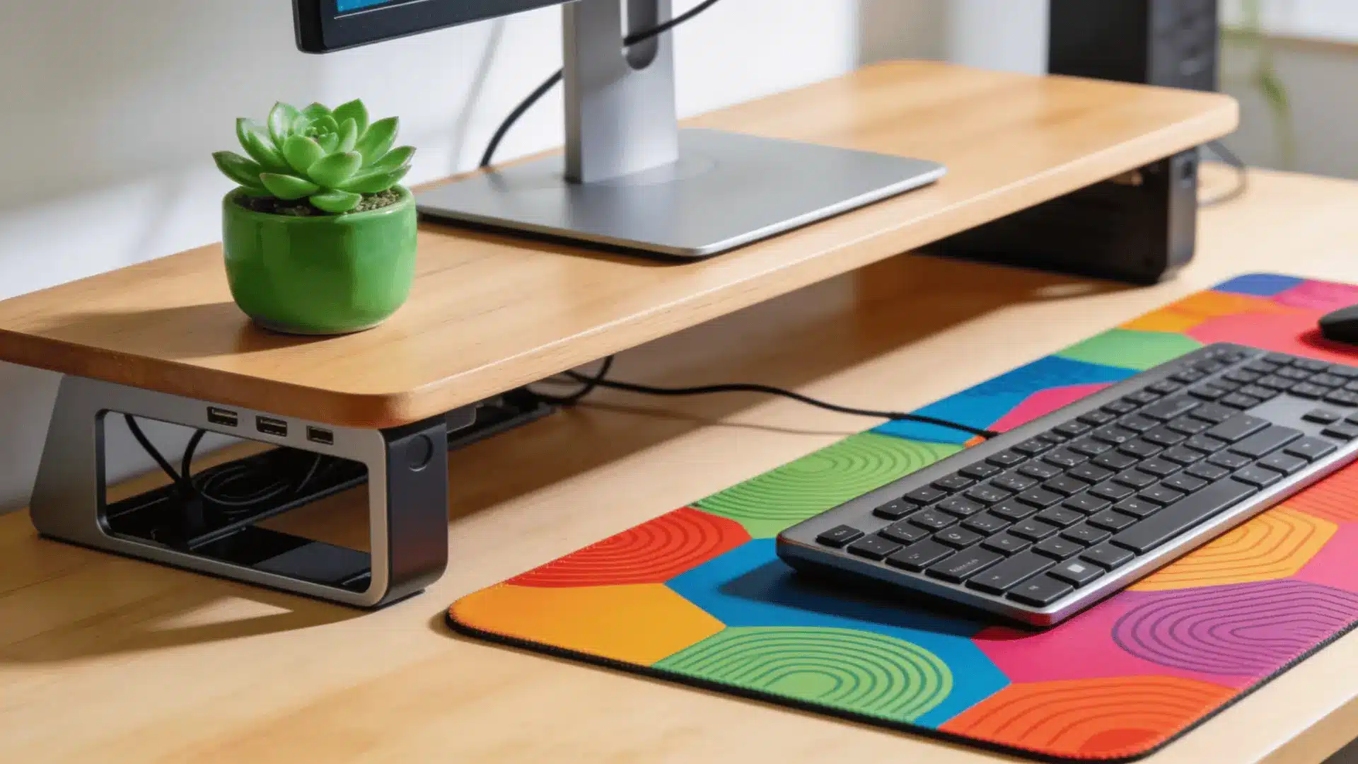 beautifully styled desk converter surface with a colorful desk mat a small green succulent plant and a wireless keyboard