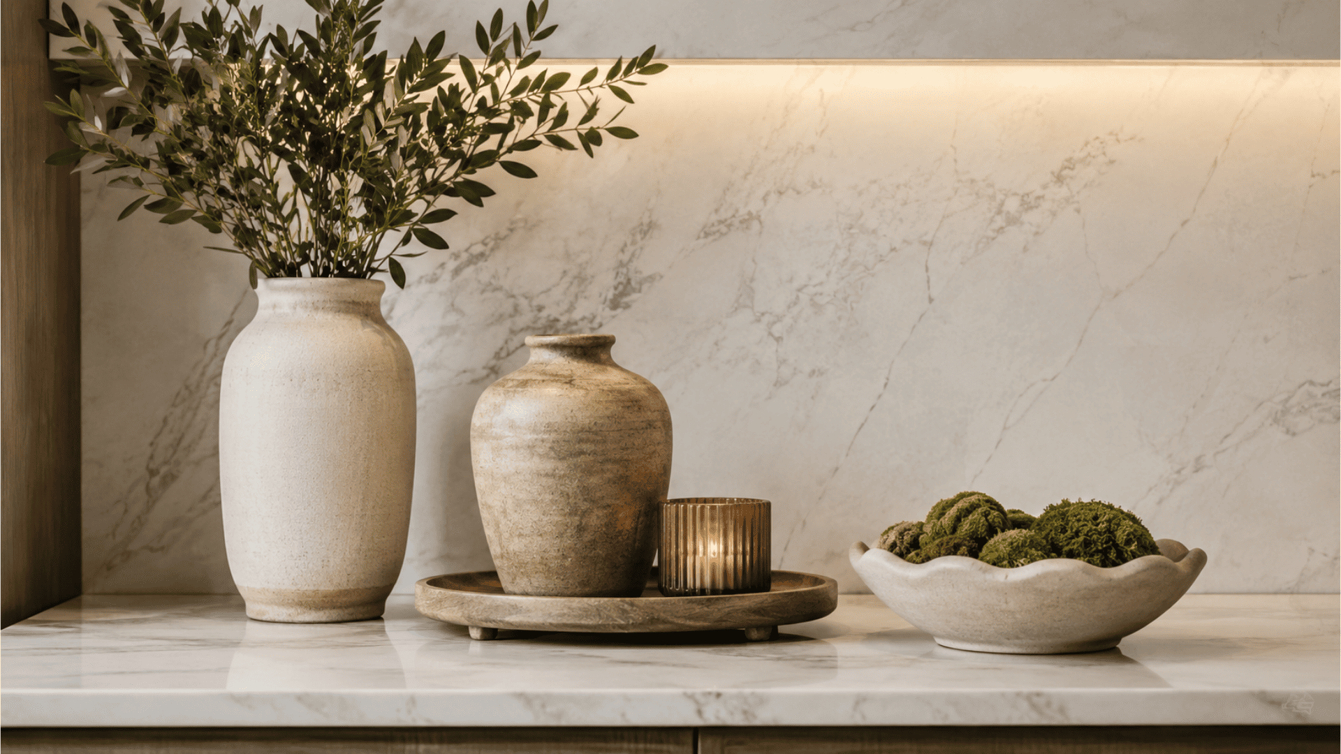 decorative countertop arrangement with ceramic vases candle holder and moss bowl against marble backsplash with soft lighting