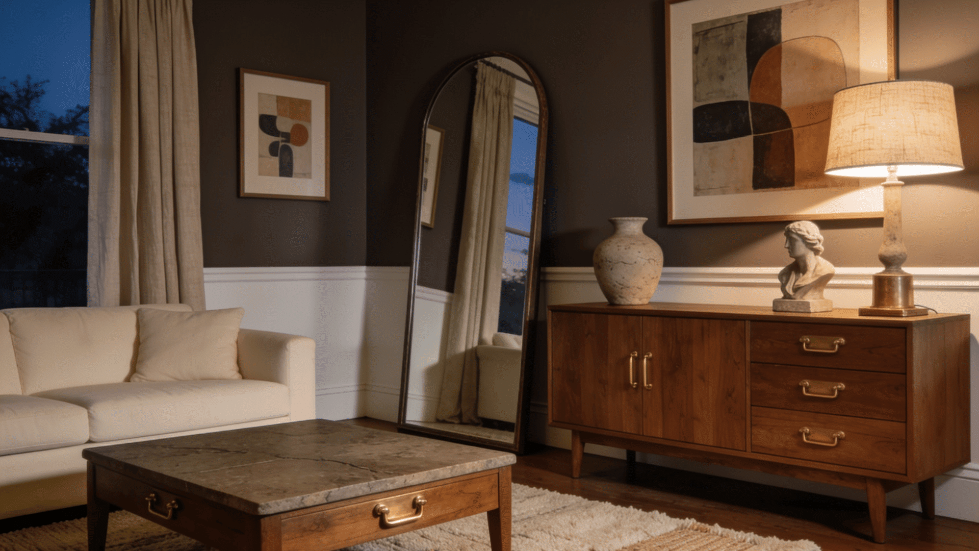 deep brown gray room with cream seating walnut furniture brass accents warm white trim and soft lamplight