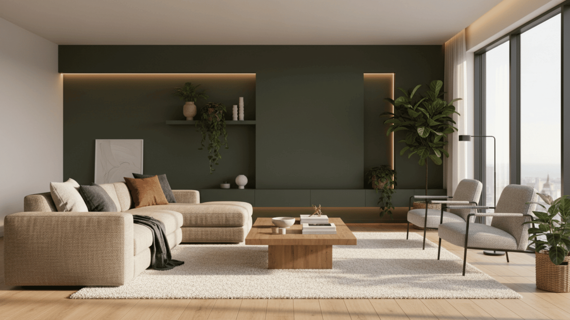 deep olive green accent wall in cozy modern living room with beige sofa and warm lighting