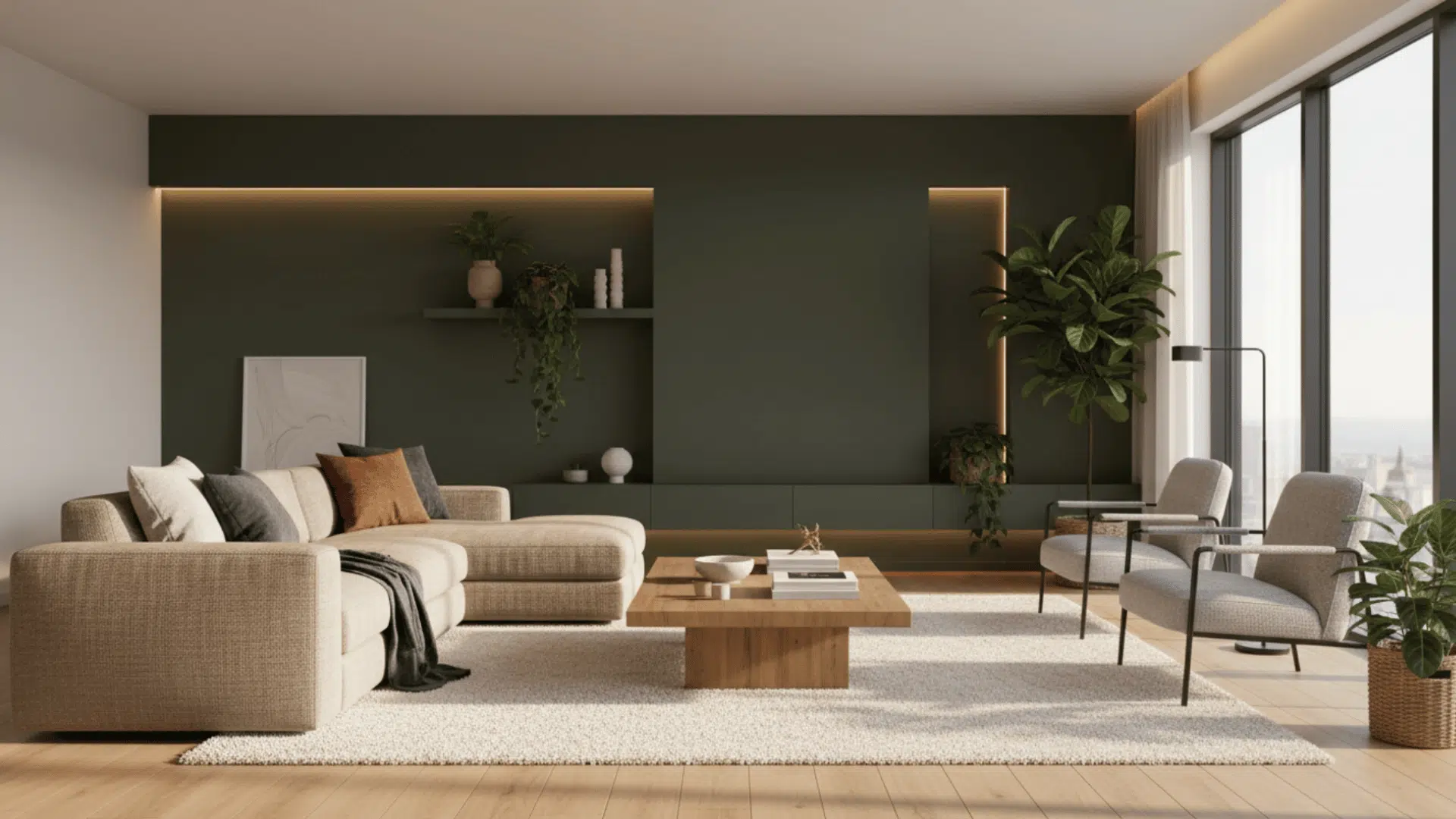deep olive green accent wall in cozy modern living room with beige sofa and warm lighting