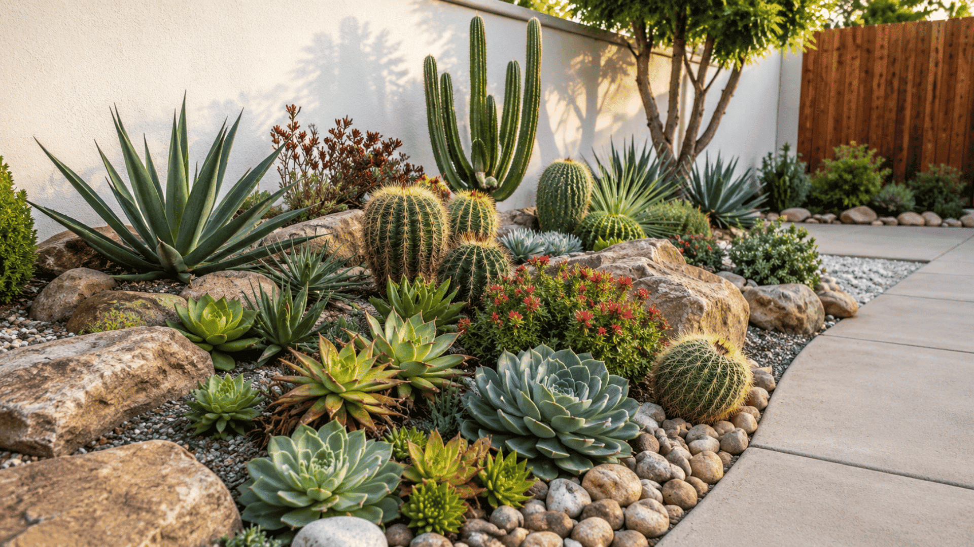 desert inspired rock garden with succulents gravel and drought tolerant plants