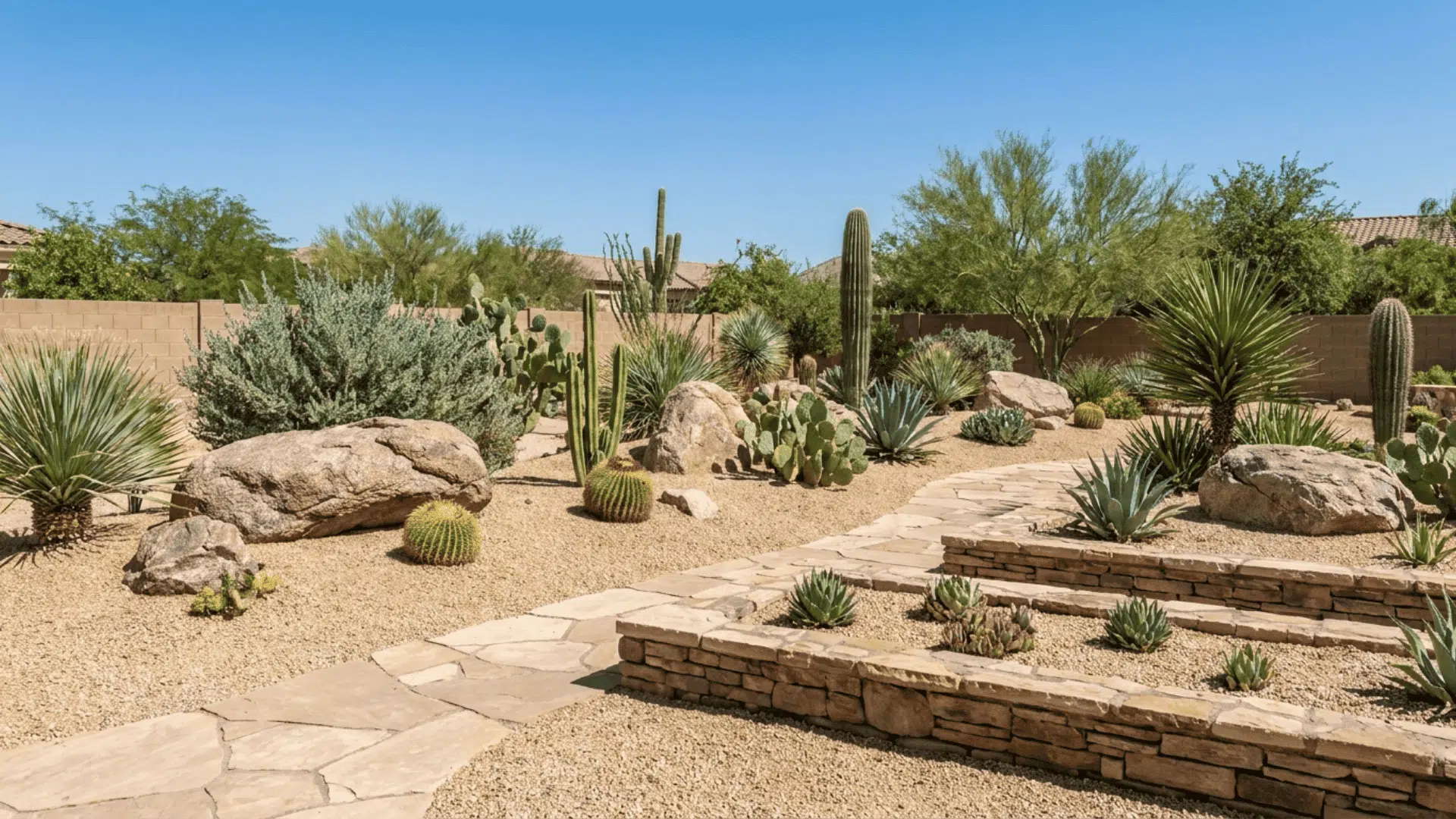 desert landscape with cacti succulents boulders and curved stone walkway under clear blue sky