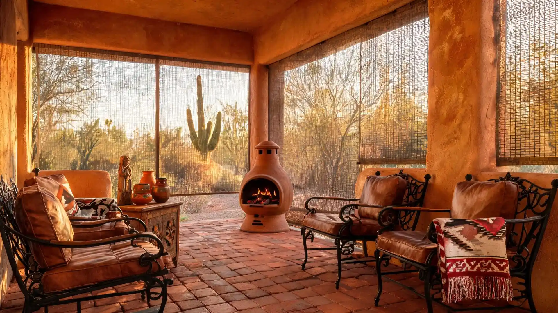 four wrought-iron chairs with tan leather cushions arranged around a lit clay chiminea on saltillo brick tile