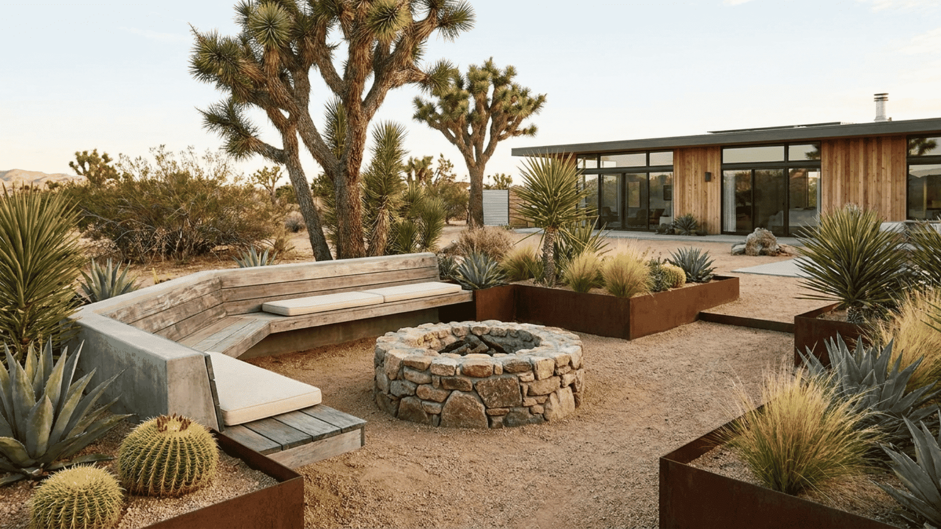 Desert-style backyard with a stone fire pit surrounded by built-in wooden seating and desert plants.