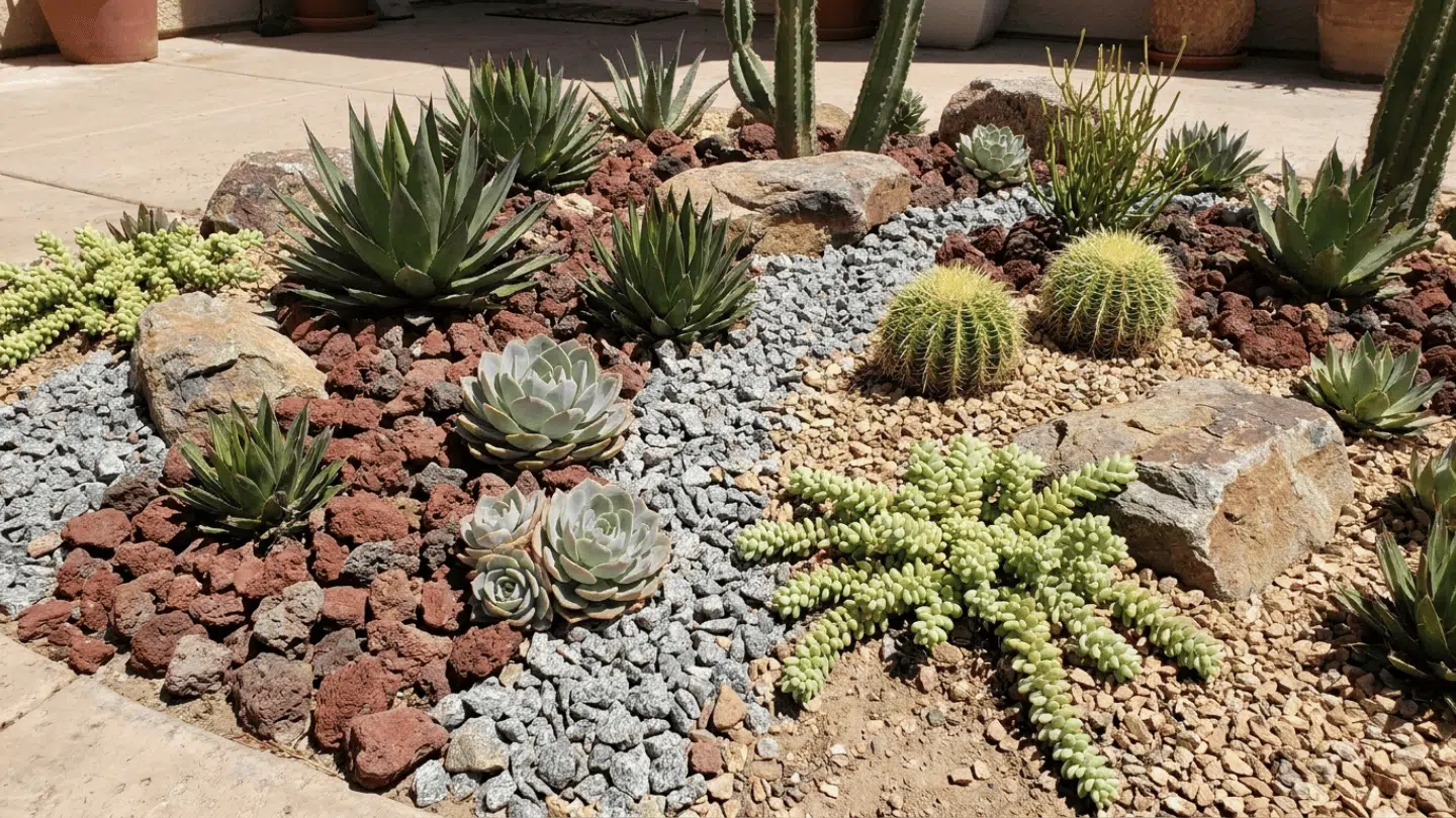 desert succulent garden with agave cacti and decorative rocks arranged in colorful gravel beside sunny patio