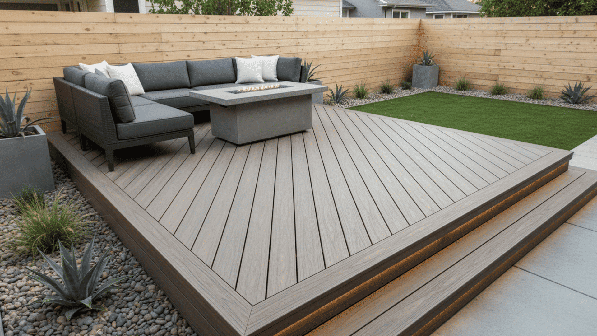 diagonal composite deck board pattern with stylish entry stairs and outdoor seating