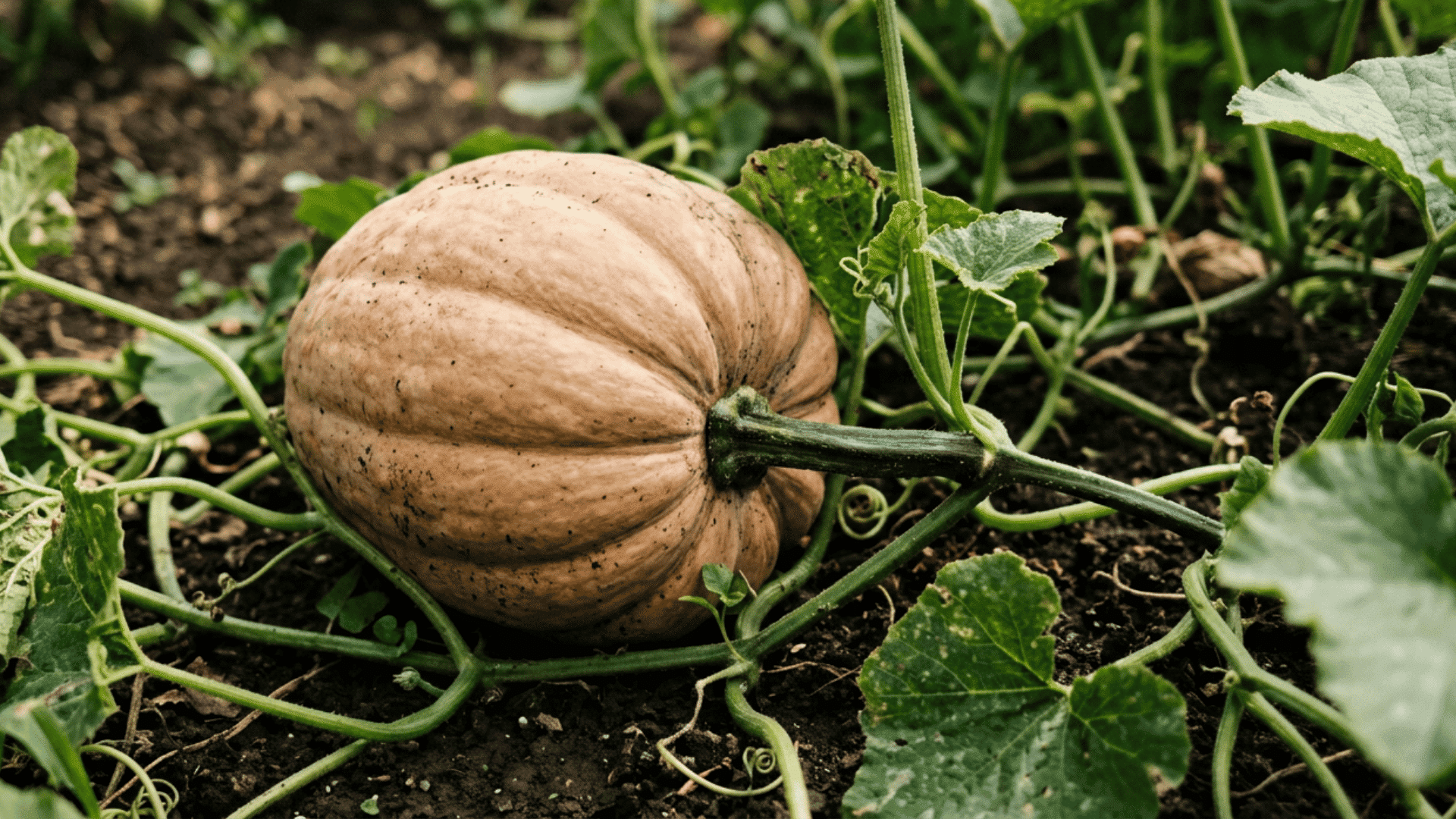 dickinson pumpkin growing on dark garden soil surrounded by green vines curling tendrils and broad leaves