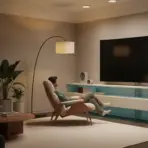 Man relaxing in modern living room with large TV and curved floor lamp