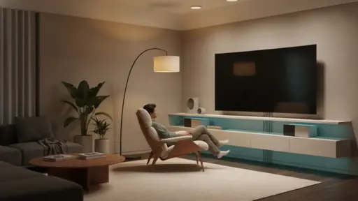 Man relaxing in modern living room with large TV and curved floor lamp