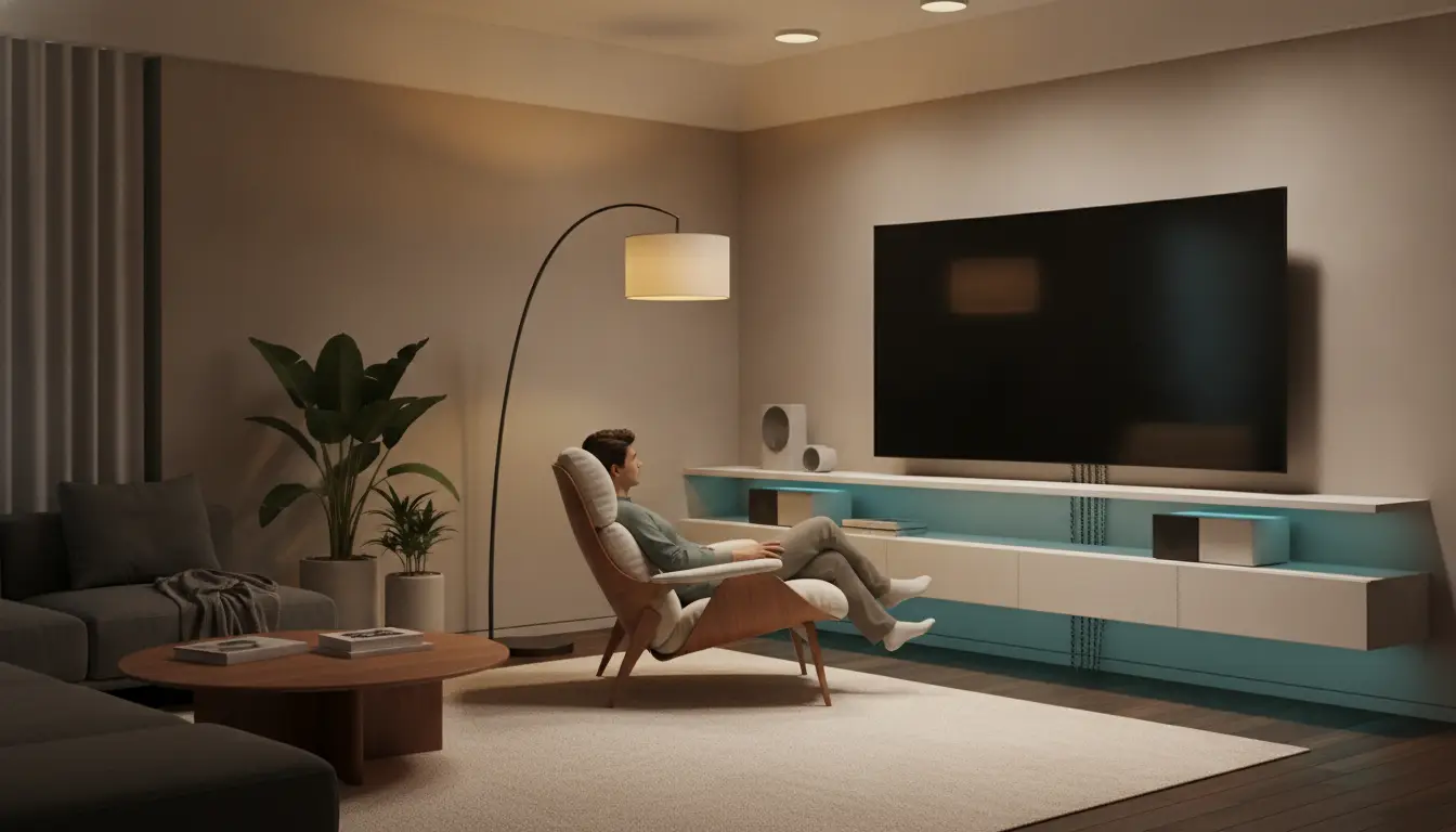 Man relaxing in modern living room with large TV and curved floor lamp