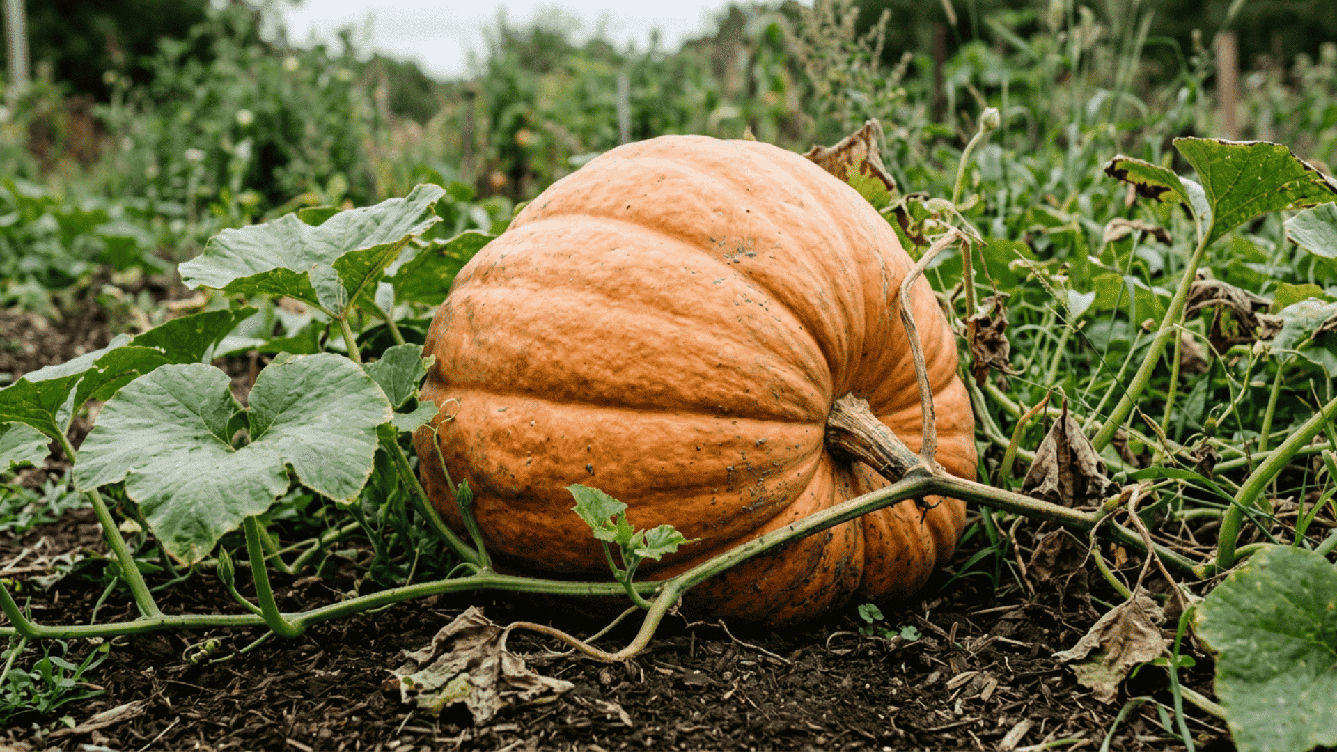 dill’s atlantic giant pumpkin growing on dark garden soil surrounded by green vines curling tendrils