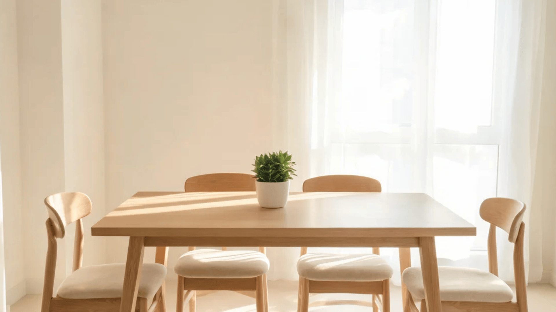 dining area with wooden table four chairs and small plant near sunlit window